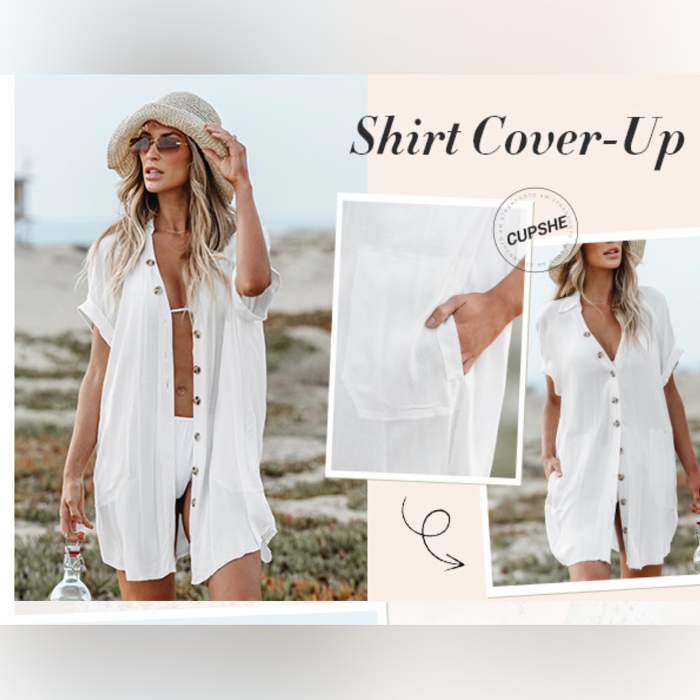 NWT Cupshe Button-Down Shirt Bathing Suit Coverup, white, size Medium!